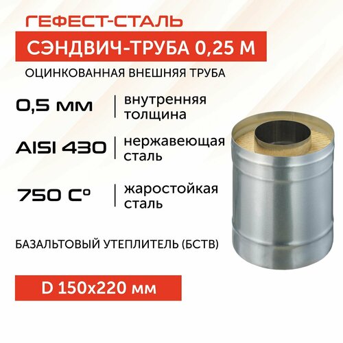 Сэндвич-труба для дымохода 0,25м, 150х220, AISI 430/Оц, 0,5 мм/0,5 мм, (К) фото