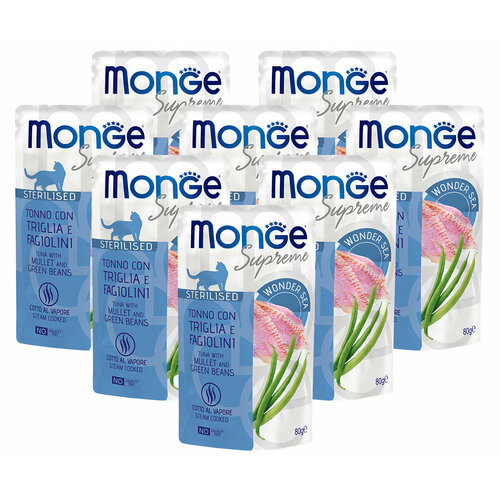 MONGE SUPREME CAT STERILISED для взр каст кот и стери кошек с тунц, кефал, зел фасолью пауч 80гр NEW 80 гр х 8 шт фото