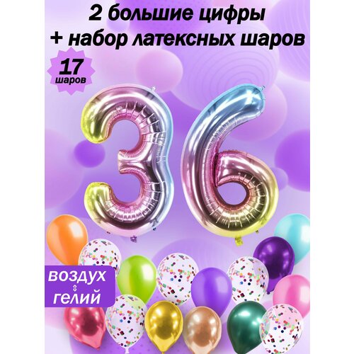 Набор шаров: цифры 36 лет + хром 5шт, латекс 5шт, конфетти 5шт фото