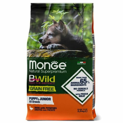 Корм Monge Dog BWild GRAIN FREE Puppy & Junior для щенков, беззерновой, из мяса утки с картофелем 2,5 кг фото