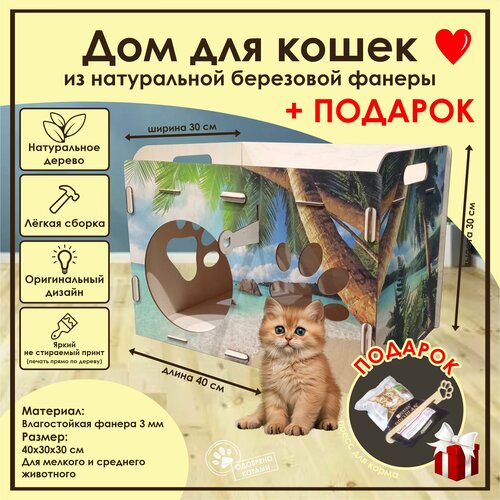 Домик для кошек Мини / Деревянный домик для кота / Лежак для кошек / Лежанка для кошки из фанеры / Домик для животных из дерева фото