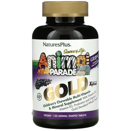 Nature's Plus Source of Life Animal Parade Gold Мультивитамины и минералы для детей, вкус натуральный виноград, 120 таб. В форме животных фото