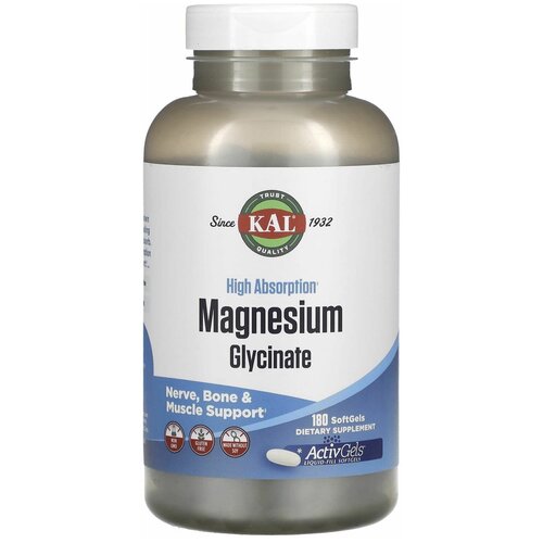 KAL Magnesium Glycinate, высокая абсорбция, 180 активных гелевых капсул фото