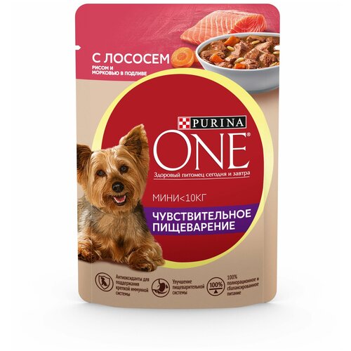 Влажный корм для собак Purina ONE для мелких пород при чувствительном пищеварении с лососем 85 г х 26 шт фото