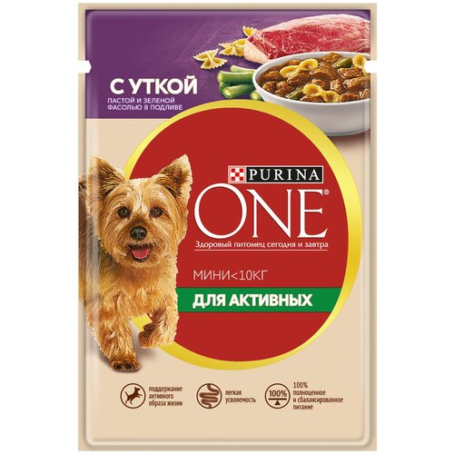 Влажный корм для собак Purina ONE Мини Активная, утка с пастой и зеленой фасолью в подливе 1 уп. х 18 шт. х 85 г (для мелких пород) фото