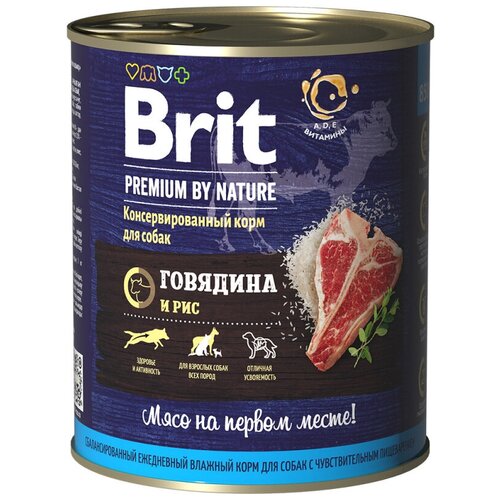 Консервы для собак Brit / Брит Premium by Nature для взрослых животных фарш из говядины и риса 850г / корм влажный фото