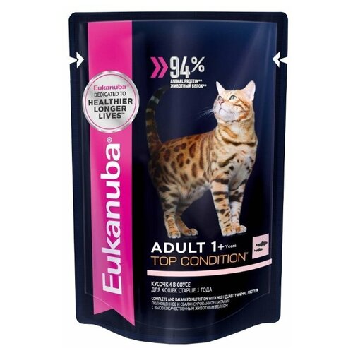 Влажный корм для кошек Eukanuba Top Condition, для здоровья кожи и блеска шерсти, с лососем 18 шт. х 85 г (кусочки в соусе) фото