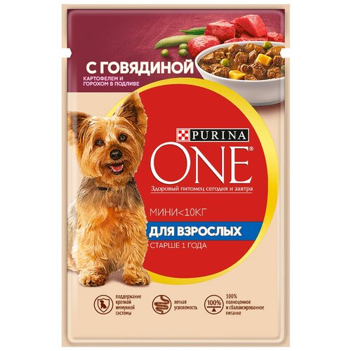 Влажный корм для собак Purina ONE Мини Взрослая, говядина с картофелем и горохом в подливе 1 уп. х 1 шт. х 85 г (для мелких и средних пород) фото