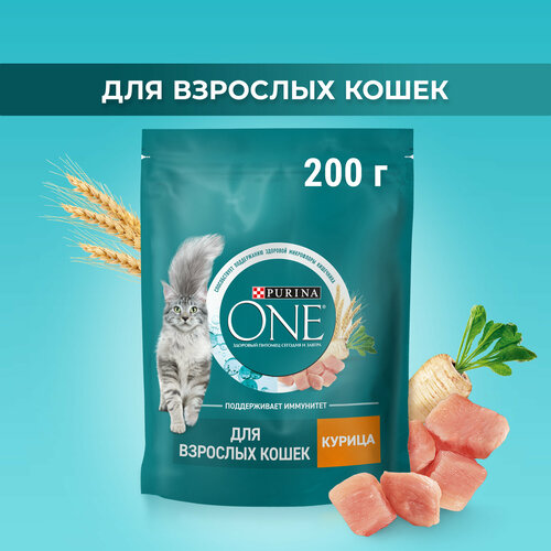 PURINA ONE 200 г сухой корм для взрослых кошек, с высоким содержанием курицы и цельными злаками фото