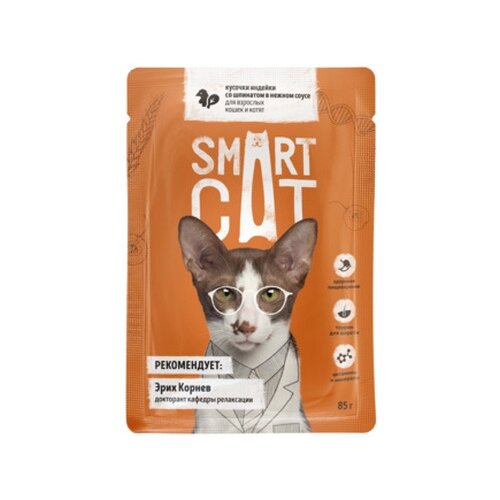 Влажный корм для взрослых кошек и котят Smart Cat Кусочки индейки со шпинатом в нежном соусе 2 шт. х 85 г (кусочки в соусе) фото