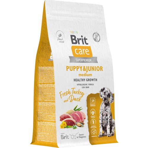 Сухой корм для щенков средних пород Brit Care Dog Puppy&Junior M Healthy Growth, с индейкой и уткой 1,5 кг фото