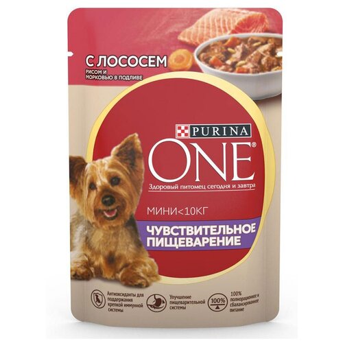 Влажный корм для собак Purina ONE Мини Чувствительная, при чувствительном пищеварении, лосось, с рисом, с морковью 1 уп. х 1 шт. х 85 г (для мелких и карликовых пород) фото