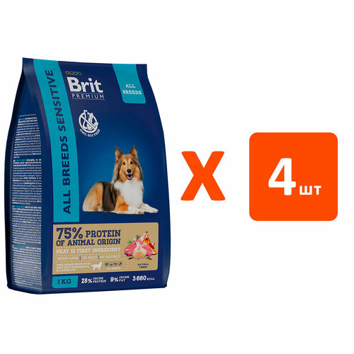 BRIT PREMIUM DOG ADULT SENSITIVE для взрослых собак всех пород с чувств пищ с ягненком и индейк 1 кг х 4 шт фото