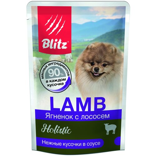 BLITZ LAMB ягненок С лососем кусочки в соусе корм консервированный полнорационный для собак мелких пород всех возрастов 85г х 24шт. фото