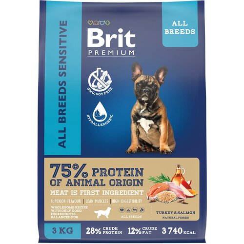 Brit Premium Dog Adult Sensitive сухой корм для взрослых собак всех пород с чувствительным пищеварением, с индейкой и лососем - 3 кг фото