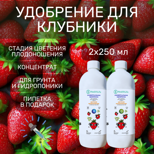 Комплекс HealthLife Удобрение для клубники А+В стадия Цветение Плодоношение(2 по 250 мл) концентрат для гидропоники и грунта увеличивает урожайность фото