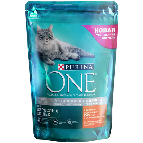 Сухой корм для кошек Purina ONE с высоким содержанием курицы и цельными злаками 10 уп. х 200 г фото