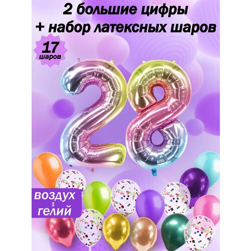 Набор шаров: цифры 28 лет + хром 5шт, латекс 5шт, конфетти 5шт фото