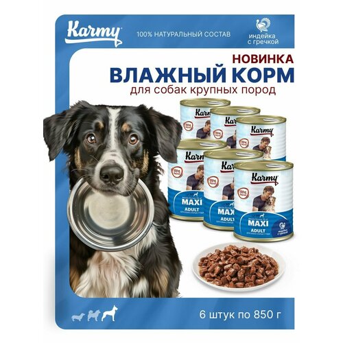 KARMY MAXI Adult консервированный корм для взр собак кр пород с индейкой и греч 6 шт./850г фото