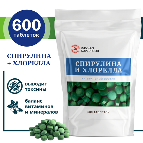 БАД спирулина + хлорелла Russian Superfood/ 600 таблеток по 500 мг. /таблетки для похудения, фото