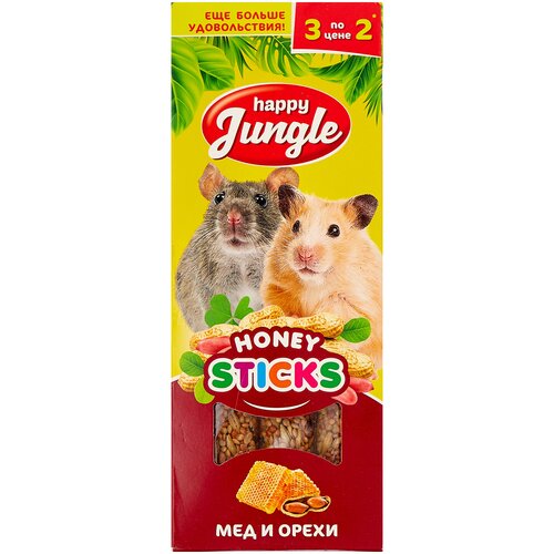 Лакомство для кроликов, хорьков, грызунов Happy Jungle Honey sticks Мед и орехи, 90 г, 3 шт. в уп. фото