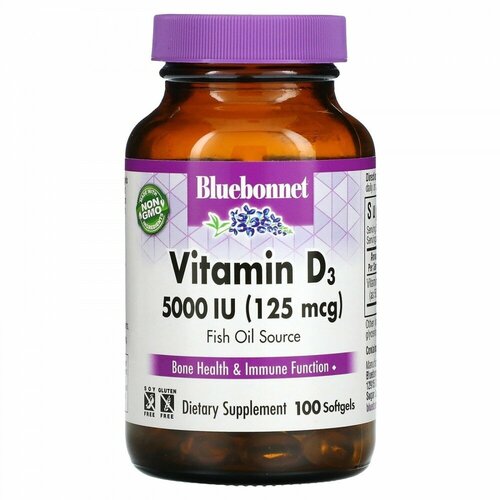 Bluebonnet Nutrition, Vitamin D3, 125 mcg (5,000 IU), 100 Softgels фото