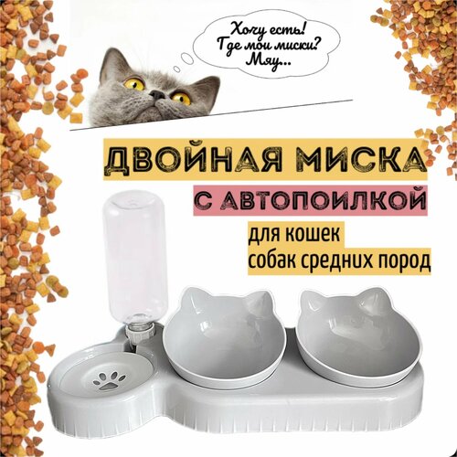 Двойная миска для кошек и собак, с автопоилкой, на подставке, для кормления, кормушка и поилка, для животных, пластиковая светло-серая фото