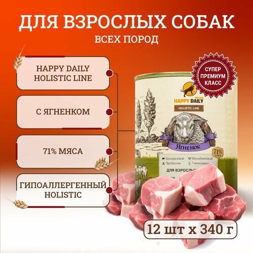 Happy Daily Holistic line влажный корм для взрослых собак всех пород с ягненком, в консервах - 340 г фото