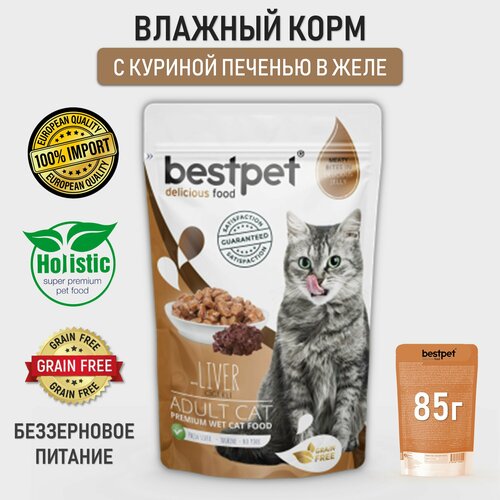 Корм для кошек влажный беззерновой BESTPET кусочки с куриной печенью в желе, пауч 85г фото