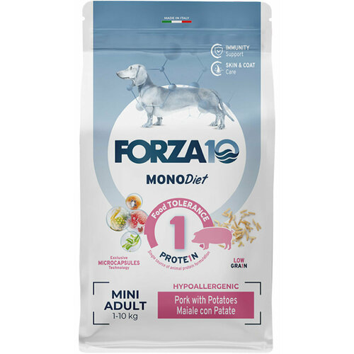 Корм сухой FORZA10 DOG MINI DIET монобелковый для взрослых собак маленьких пород при аллергии со свининой и картофелем (1,5 кг) фото