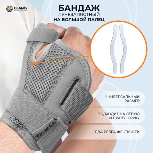 Суппорт лучезапястный на большой палец Glanis Thumb BraceL, серый, размер универсальный фото