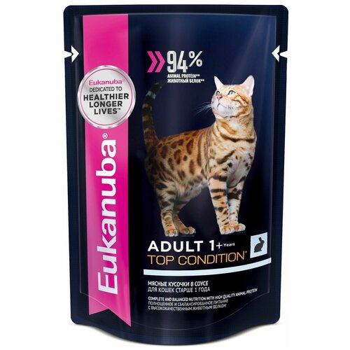 Влажный корм для кошек Eukanuba Top Condition, для здоровья кожи и блеска шерсти, с кроликом 12 шт. х 85 г (кусочки в соусе) фото