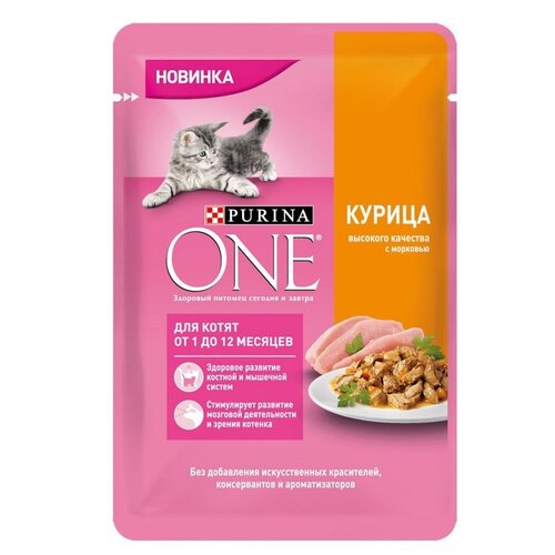 Влажный корм для котят Purina ONE с курицей, с морковью 34 шт. х 75 г (кусочки в желе) фото