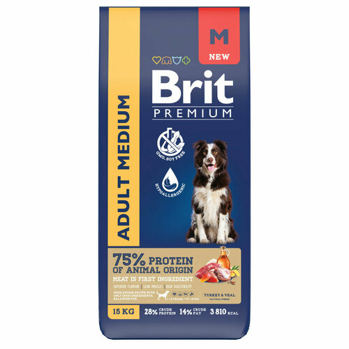 Brit Premium Dog Adult Medium сухой корм для взрослых собак средних пород (10-25 кг), с индейкой и телятиной - 15 кг фото