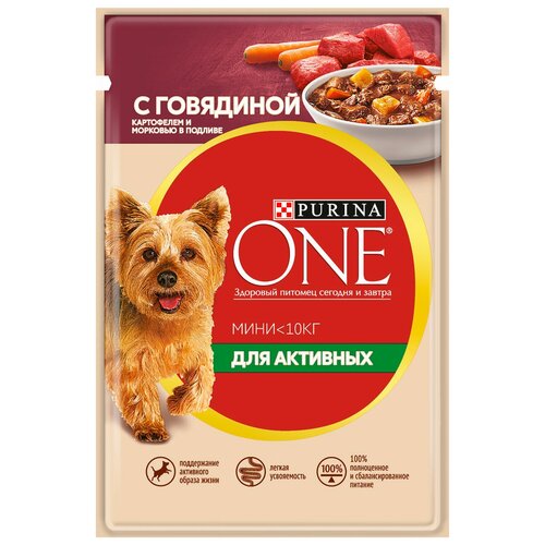 Влажный корм для собак Purina ONE для активных животных, говядина, с картофелем и морковью в подливе 1 уп. х 2 шт. х 85 г (для мелких пород) фото