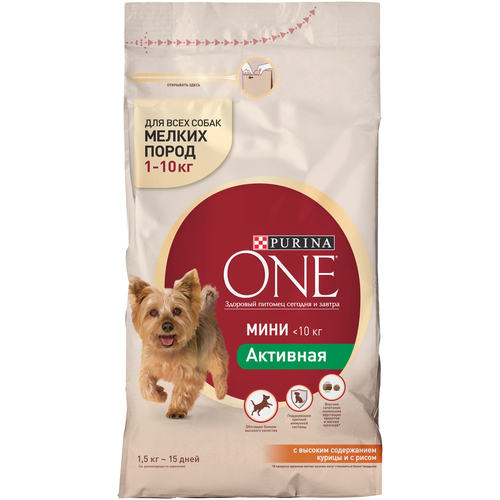 Сухой корм для собак Purina ONE МИНИ Активная, высокое содержание курицы, с рисом 1 уп. х 2 шт. х 1500 г фото