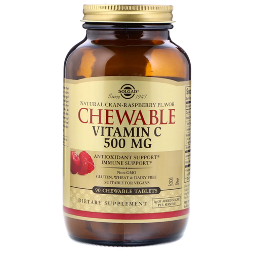 Solgar Chewable Vitamin C Natural Cran-Raspberry Flavor таб. жев., 500 мг, 250 мл, 800 г, 90 шт., малина фото