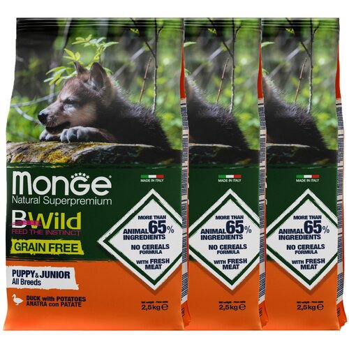 Сухой корм для щенков Monge BWILD Feed the Instinct, утка, с картофелем 1 уп. х 3 шт. х 2500 г фото