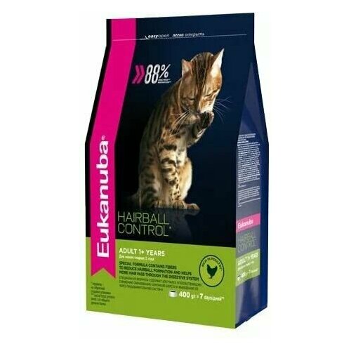 EUKANUBA ADULT HAIRBALL INDOOR 400 гр сухой корм для взрослых кошек живущих в помещении и способствующий выведению шерсти с домашней птицей 5шт фото