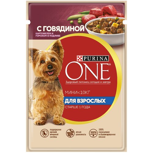 Влажный корм для собак Purina ONE Мини Взрослая, говядина с картофелем и горохом в подливе 1 уп. х 2 шт. х 85 г (для мелких и средних пород) фото