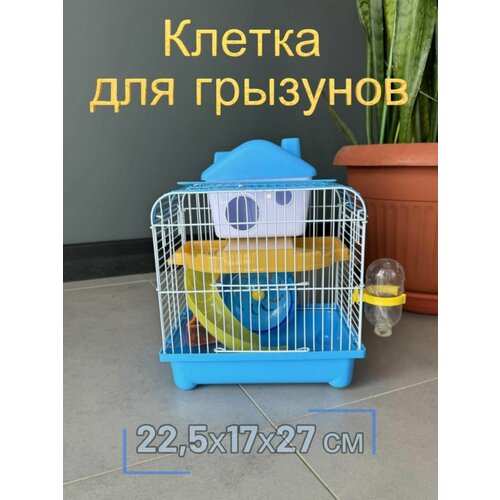 Клетка для грызунов 22.5х17х27 см, два входа ручка, поилка кормушка, колесо горка домик, голубой фото