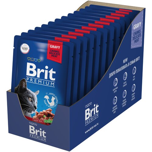 Влажный корм для кошек Brit Premium, беззерновой, с говядиной, с горошком 14 шт. х 85 г (кусочки в соусе) фото