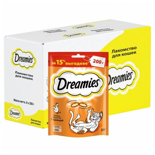 Лакомство для кошек Dreamies подушечки с курицей, 8 шт по 200 г фото