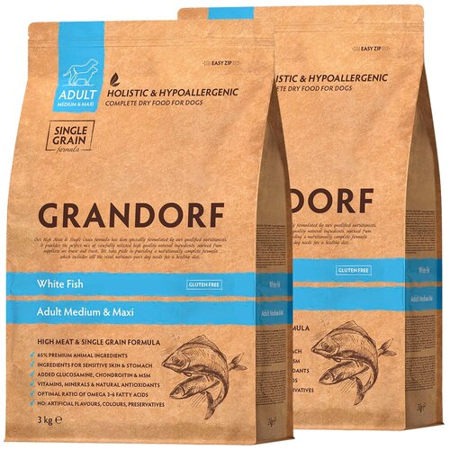 GRANDORF SINGLE GRAIN DOG ADULT MEDIUM & MAXI WHITE FISH низкозерновой для взрослых собак средних и крупных пород с белой рыбой (3 + 3 кг) фото