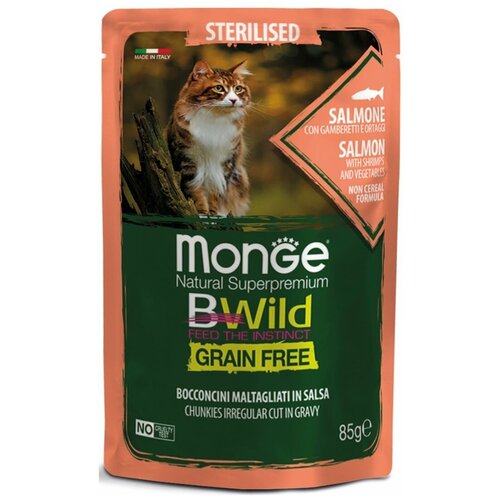 Влажный корм для кошек Monge BWild Grain Free стерилизованных Лосось с креветками и овощами 85 г фото