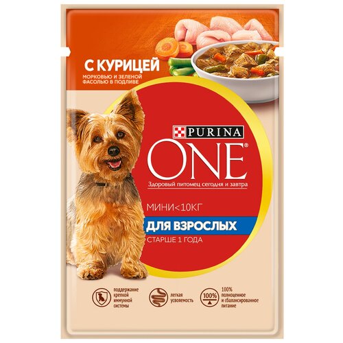 Purina ONE Мини набор паучей для взрослых собак мелких пород, с курицей, морковью и зеленой фасолью в подливе; с говядиной, картофелем и горохом в подливе - 85 г х 10 шт фото