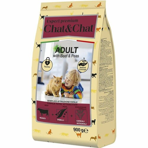 Сухой корм Chat&Chat Expert Premium Adult with beef & peas, для взрослых кошек с говядиной и горохом, 900г фото