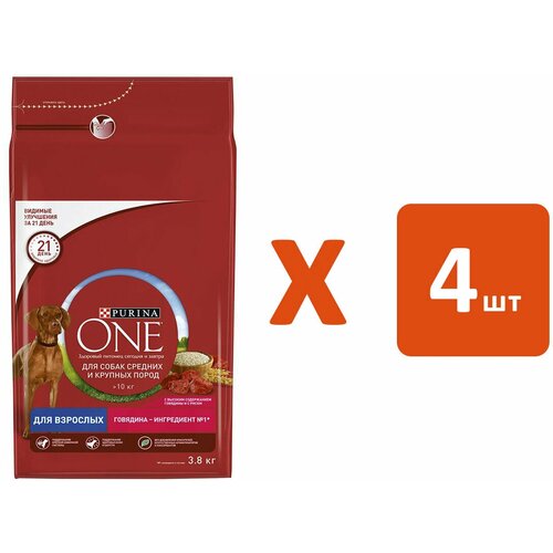 PURINA ONE для взрослых собак средних и крупных пород с говядиной и рисом (3,8 кг х 4 шт) фото