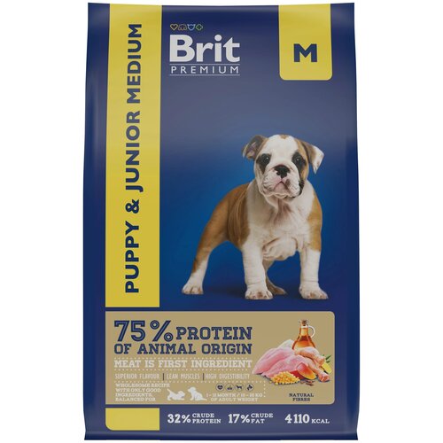 Сухой корм для щенков и молодых собак Brit Premium Puppy and Junior Medium с курицей 1 уп. х 1 шт. х 8000 г (для средних пород) фото