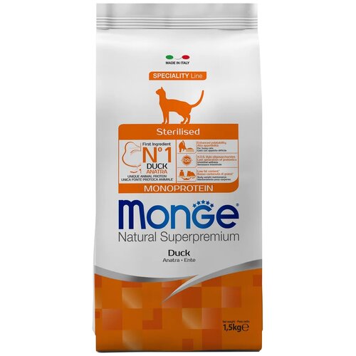 Сухой корм для стерилизованных кошек Monge Natural Superpremium Monoprotein, с уткой 1500 г (кусочки в желе) фото